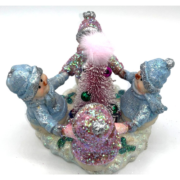 Vintage Four Pastel Pink Blue Snowmen & Pink Bottle Brush Tree Faux Fur OMG OOAK - Picture 14 of 16